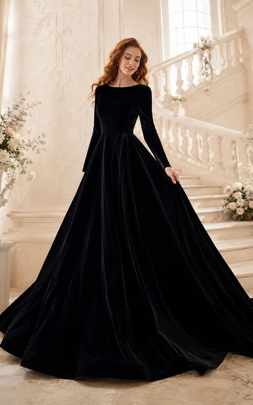 Robe de mariée noire bateau en velours à manches longues et coupe trapèze avec traîne courte