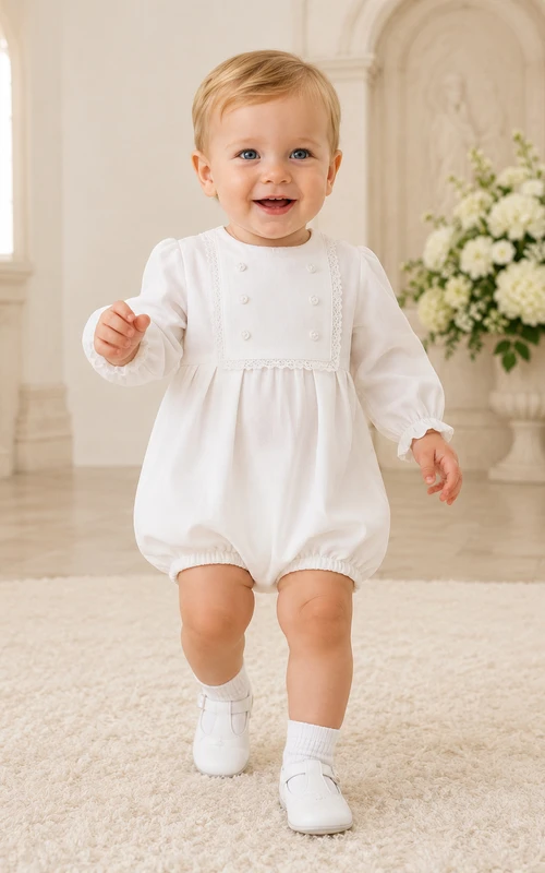 White Smocked Bib Long Sleeve Christening Bubble Romper for Baby Boy