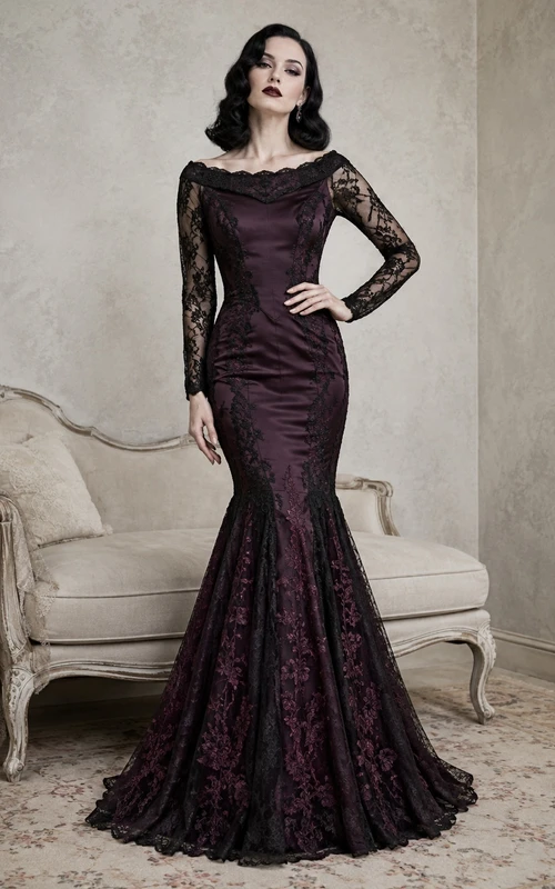 Vintage Plum Off-Shoulder Long Lace Sleeve Mermaid Sweep Train Gothic Gown
