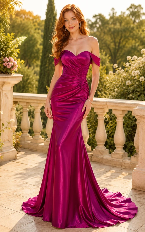 Abendkleid aus fuchsiafarbenem Satin, Meerjungfrauen-Schnitt, schulterfrei, kurze Ärmel, gerafft, bodenlang