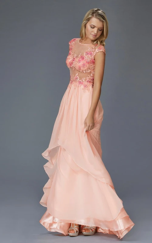 A-Linien-Maxikleid aus Chiffon mit Rundhalsausschnitt, kurzen Ärmeln und Illusionseffekt sowie Applikationen