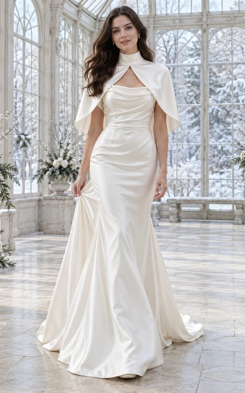 Vestido de novia corto de satén con capa y corpiño tipo capa y cuello alto estilo sirena para invierno