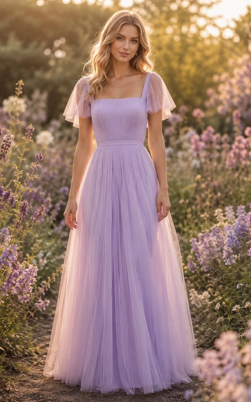 Lavender Square Neck Flutter Sleeve Tulle Garden Bridesmaid Gown