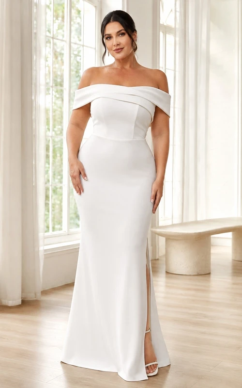 White Off-the-Shoulder Satin Mermaid Sweep Train Plus Size Gown