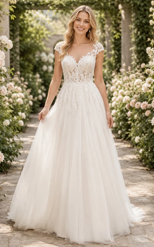 Brautkleid aus Tüll mit Gartenspitze, kurzen Ärmeln und A-Linien-Schnitt
