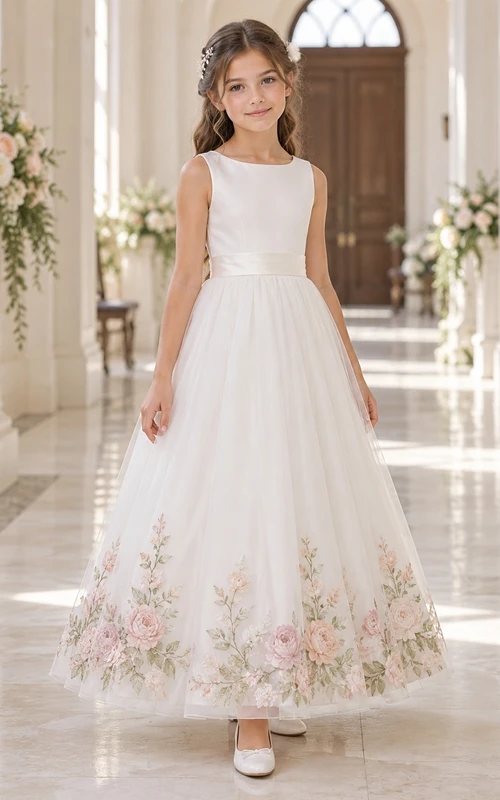 Vestido de niña de flores color marfil, corte en A, tul, largo hasta los tobillos, sin mangas, con cintura elástica y dobladillo bordado con motivos botánicos.