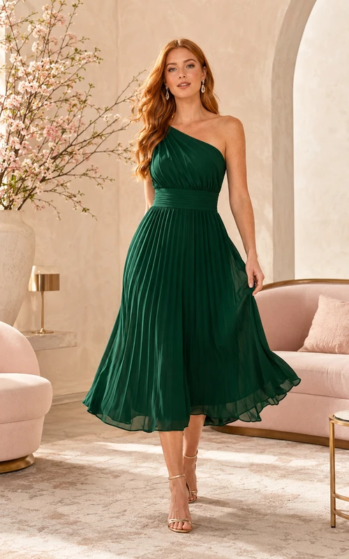 Vestido midi de cóctel de gasa plisada de un solo hombro color esmeralda, corte en A
