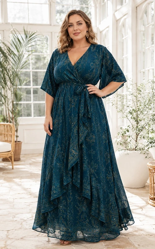 Peacock Boho V-Neck Short Sleeve Printed Plus Size Maxi Dress