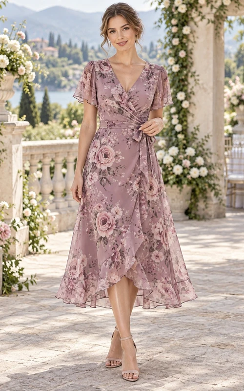 Vintage Mauve Floral Print Wrap V Neck Short Sleeve Chiffon High Low Guest Dress
