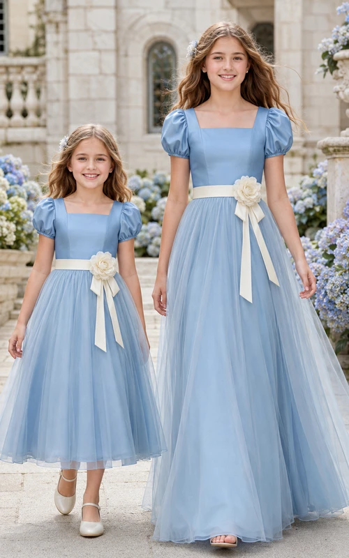 Matching Flower Girl Junior Bridesmaid Dress A-Line Sky Blue Tulle Puff Sleeve Sash
