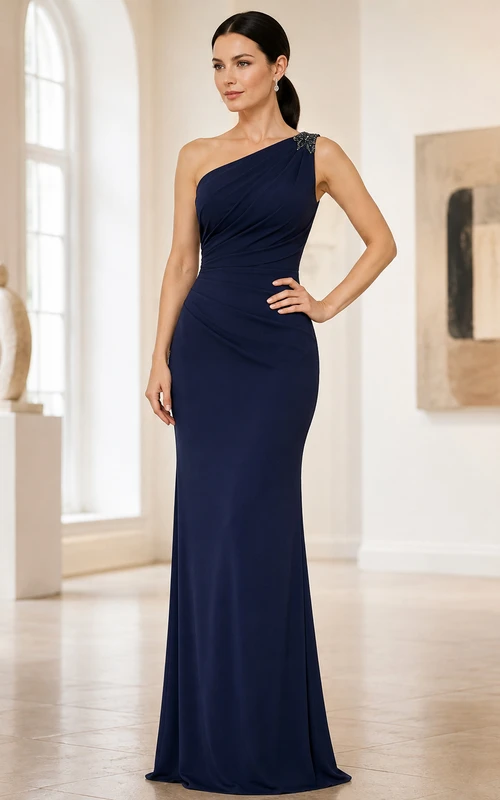 Vestido de noche moderno de corte recto, largo hasta el suelo, de jersey, sin mangas, con un solo hombro, color azul marino oscuro, para mujeres de baja estatura.