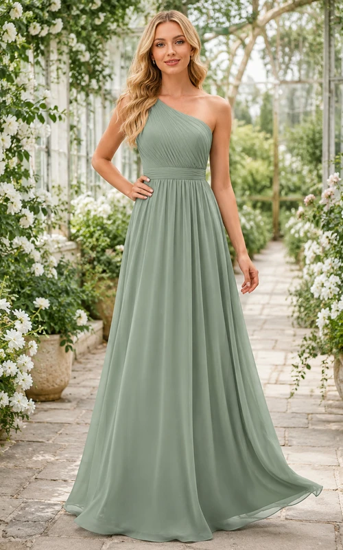 Sage Botanical Garden A-Line Chiffon Bridesmaid Dress with Sleeveless One-Shoulder Bodice, Pleated Floor-Length Skirt and Low V Back