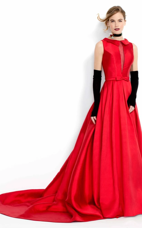 Robe de bal longue en satin, sans manches, à col montant et coupe trapèze