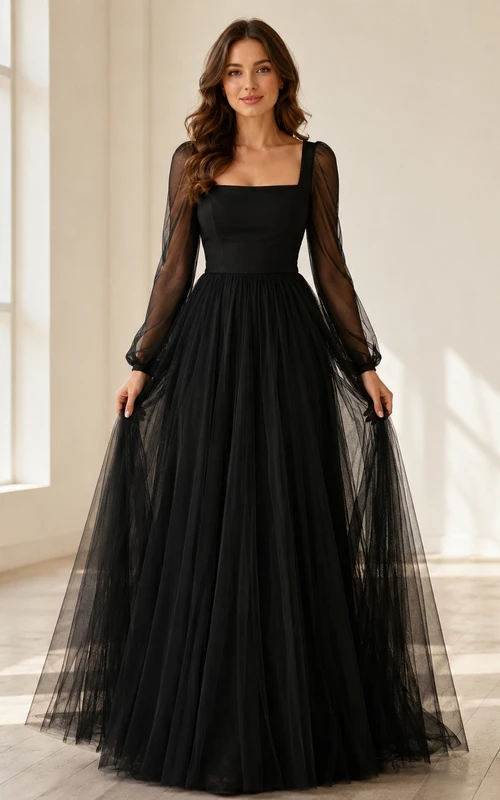 Black Square Neck Illusion Long Sleeve Tulle Floor Length Formal Dress