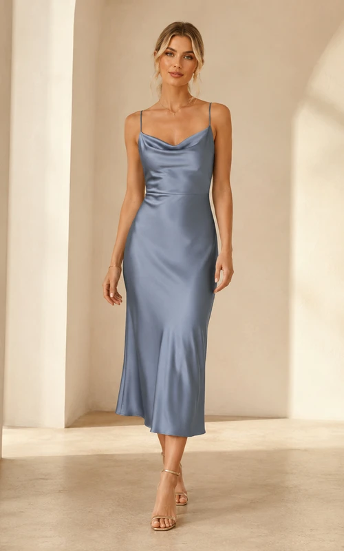 Dusty blue cowl neck satin slip midi bridesmaid dress