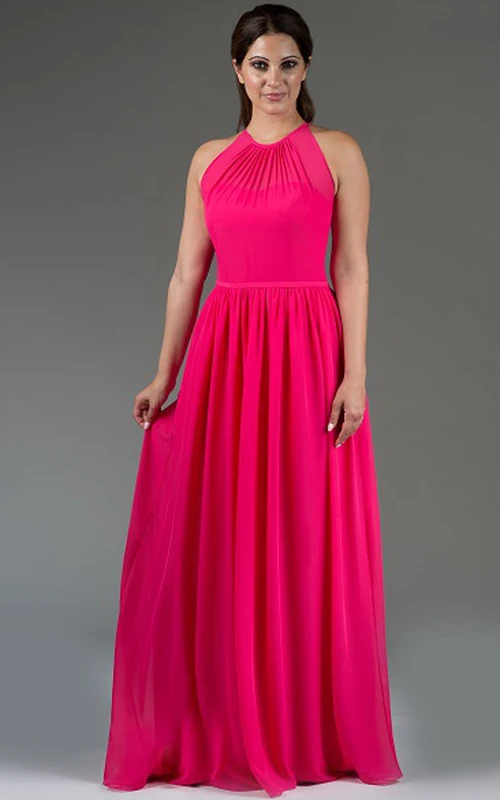 Robe de demoiselle d'honneur longue en mousseline plissée, sans manches, à col montant et sans manches