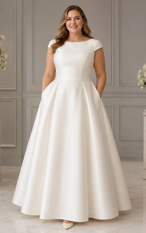 Plus-Size Satin-Brautkleid mit Rundhalsausschnitt, kurzen Ärmeln, schlichter A-Linien-Form, Knöchellänge und Taschen