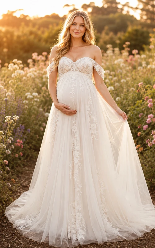 Maternity Wedding Dress Off Shoulder Lace Tulle A-Line Garden Gown with Applique Train