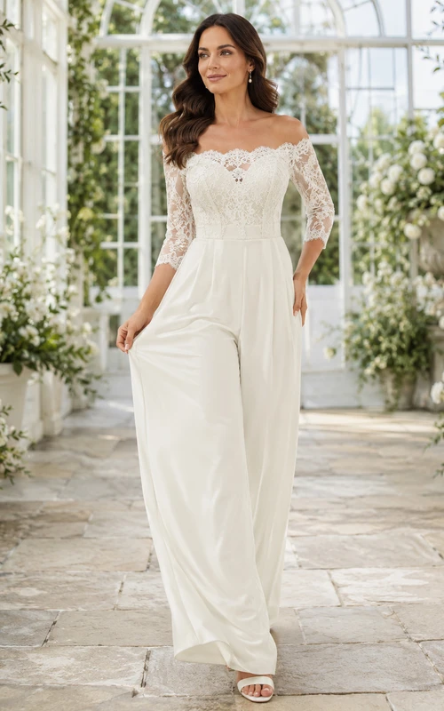 Romantic Off Shoulder Lace Bridal Jumpsuit Wide Leg Three Quarter Sleeves