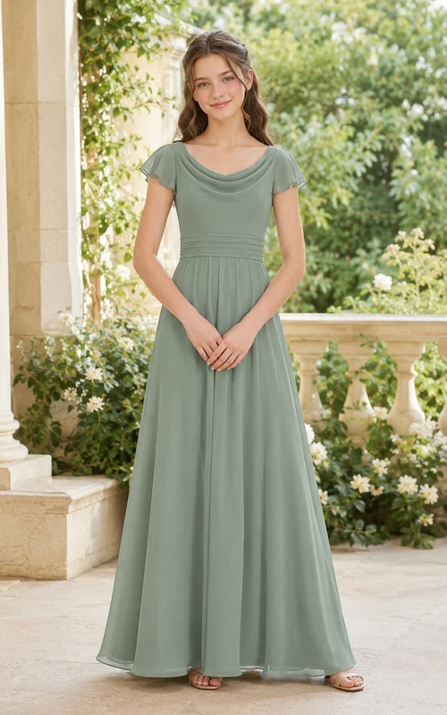 Vestido de dama de honor juvenil color celadón, corte en A, cuello drapeado, manga corta, gasa con forma de pétalo, estilo romántico.