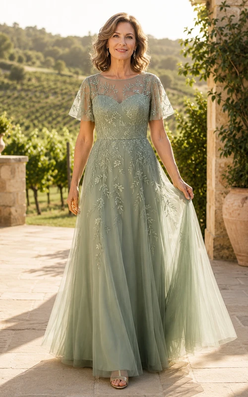 Sage Tulle A-Line Mother Dress With Lace Applique