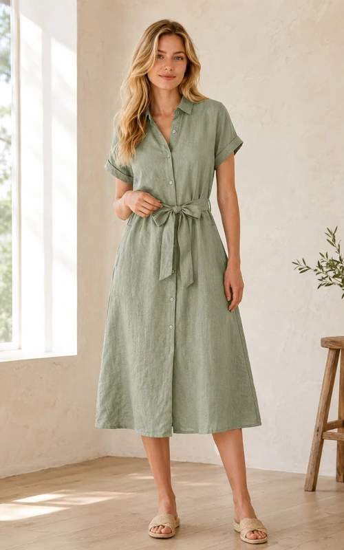 Sage Linen Notched Short Sleeve A-Line Tea-length Casual Country Summer Pockets Dress