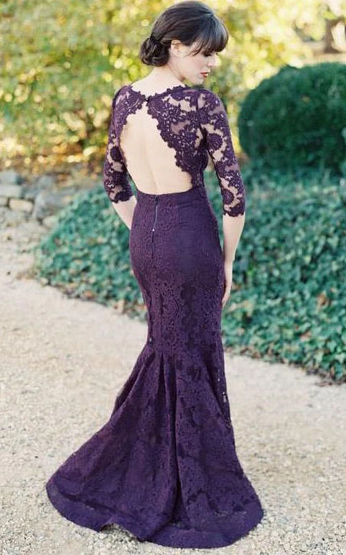Maxikleid aus Spitze und Satin mit Trompetenausschnitt, 3-4 Ärmeln und offenem Rücken
