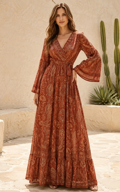Vestido informal bohemio color óxido con escote en V, mangas acampanadas, estampado floral y corte en A hasta el suelo.