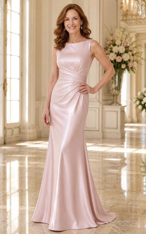 MOB-Kleid aus rosafarbenem Satin, Etuikleid mit Rundhalsausschnitt, Schleppe und Raffungen