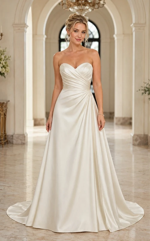 Ärmelloses, drapiertes Brautkleid aus Satin mit herzförmigem Ausschnitt und A-Linien-Schnitt, bodenlang.