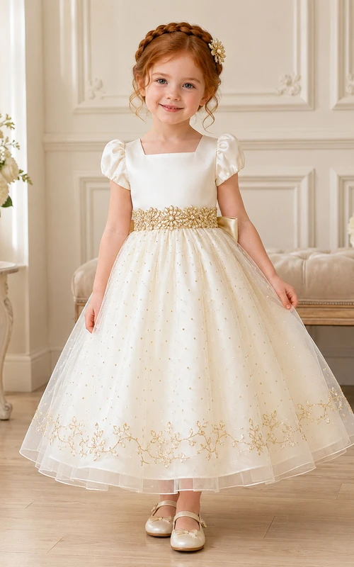 Champagnergoldenes Tüll-Blumenmädchenkleid in A-Linie mit Puffärmeln, floralen Applikationen und Schleife