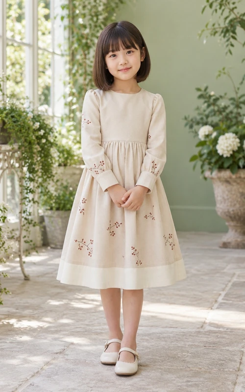 Robe de demoiselle d'honneur simple et modeste, couleur crème, à manches longues, longueur thé, ornée de poignets bijoux, imprimé de baies discret, ourlet froncé, coupe trapèze.