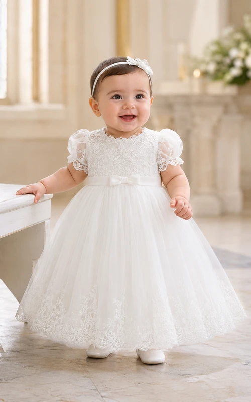 Vestido largo de bautizo para bebé con corpiño de encaje y tul, corte en A, mangas abullonadas y hasta el suelo.