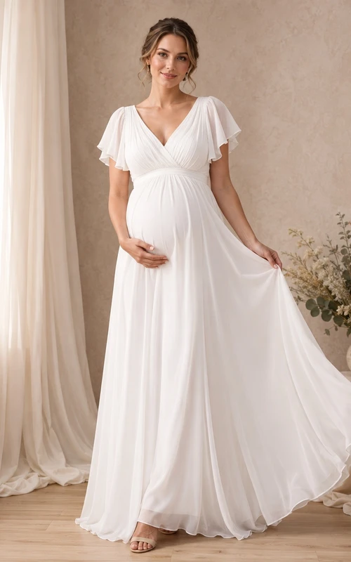 Maternity Chiffon Flutter Sleeve Long Dress Classic Occasion