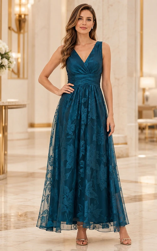 Robe trapèze en tulle et dentelle turquoise à col en V, longueur thé