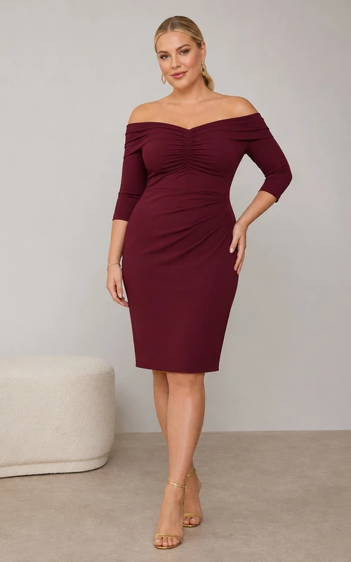 Robe de cocktail bordeaux grande taille, coupe crayon, jersey, épaules dénudées, manches 3/4, froncée, longueur genou
