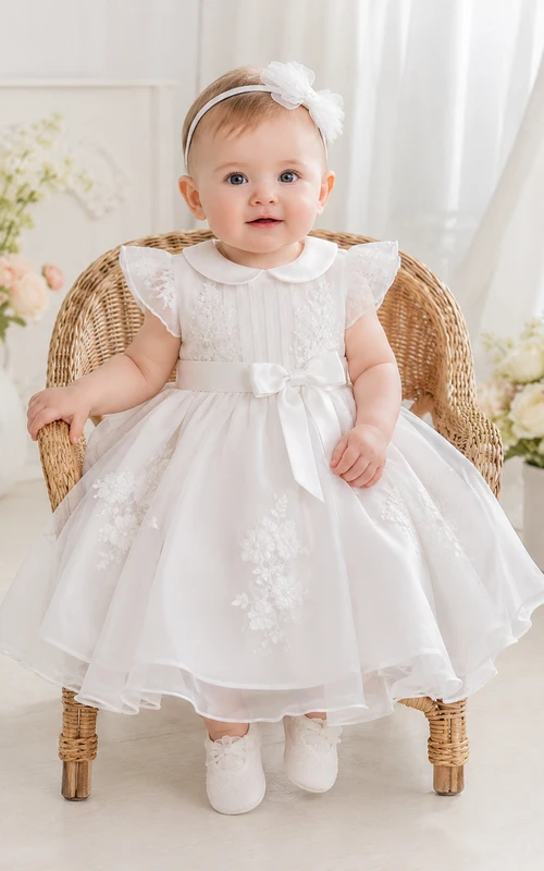 Baptism Dress A-Line Organza Tulle Jewel Neck Short Sleeve Bow Back