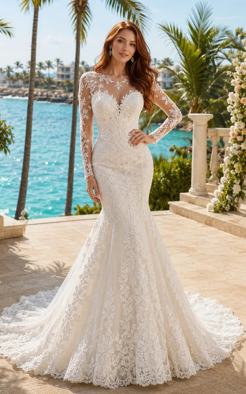 Robe de mariée sirène en dentelle à manches longues et décolleté plongeant en V, avec traîne chapelle, idéale pour une destination.