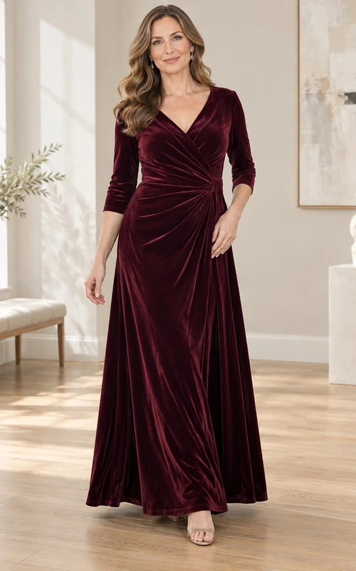 Vestido de noche formal de terciopelo burdeos con escote en V, manga tres cuartos, estilo cruzado y corte en A hasta el tobillo.