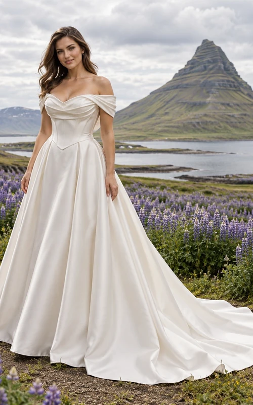 Sencillo vestido de novia de satén duquesa con escote palabra de honor, corte en A, corpiño drapeado con escote corazón y cola.