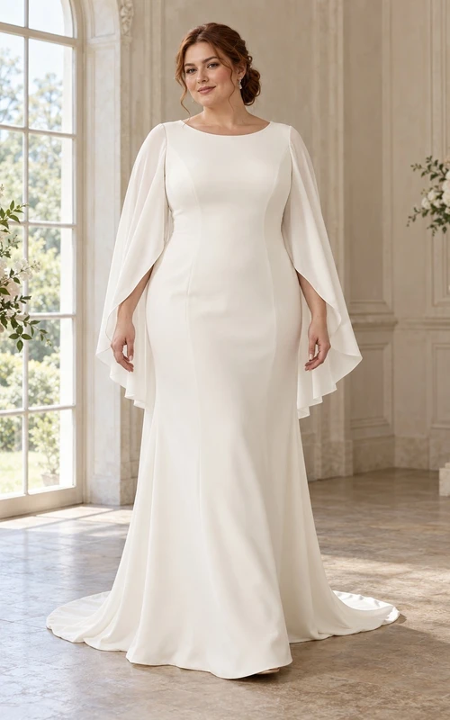 Vestido de novia de corte recto con escote redondo discreto, mangas largas tipo capa y cola larga.