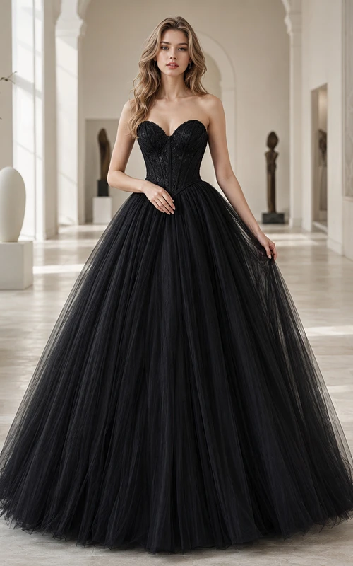 Black Strapless Sweetheart Tulle Ball Gown Modern Wedding Dress