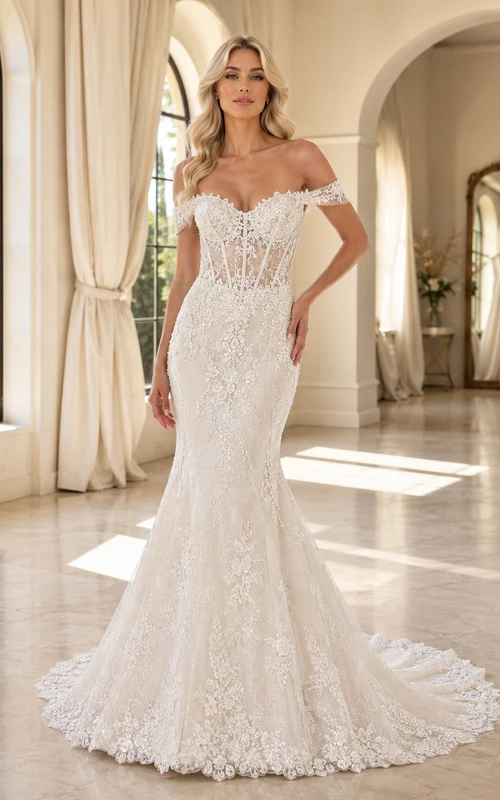 Robe de mariée sirène en dentelle fine, épaules dénudées, manches courtes, traîne chapelle, ornée d'appliqués floraux, style jardin.