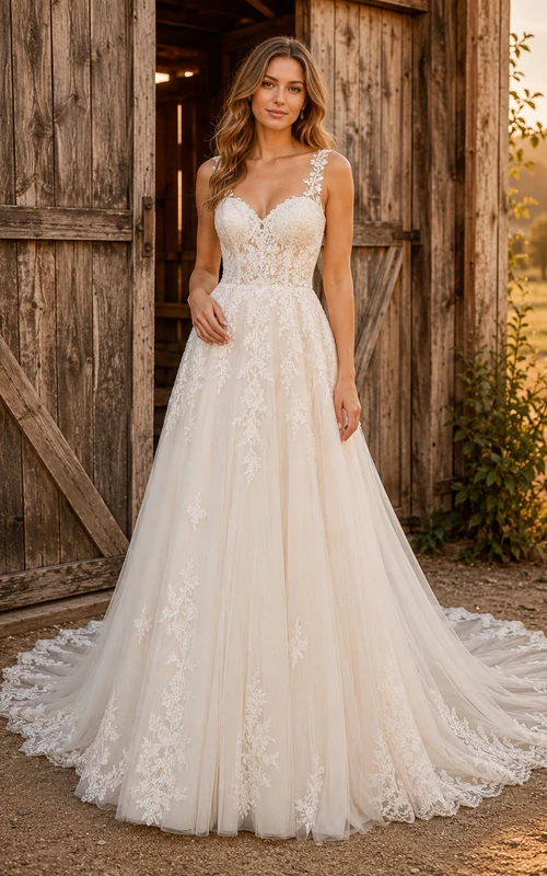 Vestido de novia rústico de tul con corte en A y apliques de encaje.