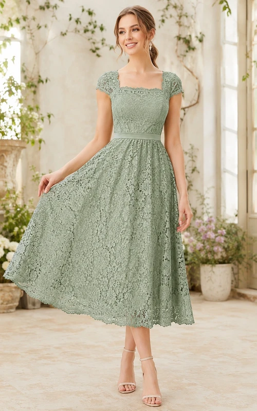 Vestido de corte A de largo midi con escote cuadrado y mangas cortas en color verde salvia.