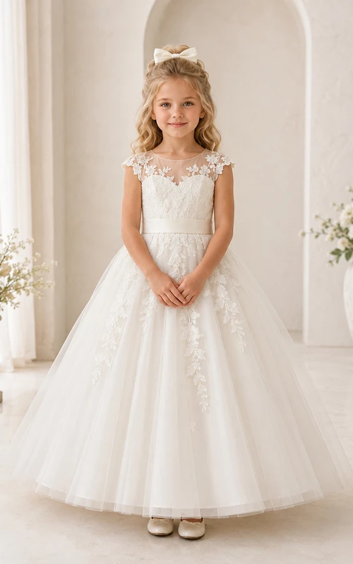Boho-Spitzenkleid mit Tüllrock, A-Linien-Schnitt, kurzen Ärmeln, Rundhalsausschnitt und bodenlangem Rock für Blumenmädchen.