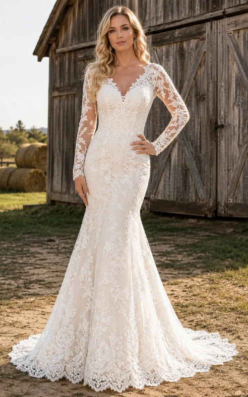 Rustic V Neck Long Sleeve Lace Mermaid Deep Back Chapel Wedding Gown