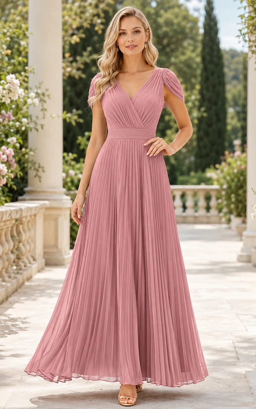 Dusty Rose V-Neck Pleated Chiffon Formal Dress