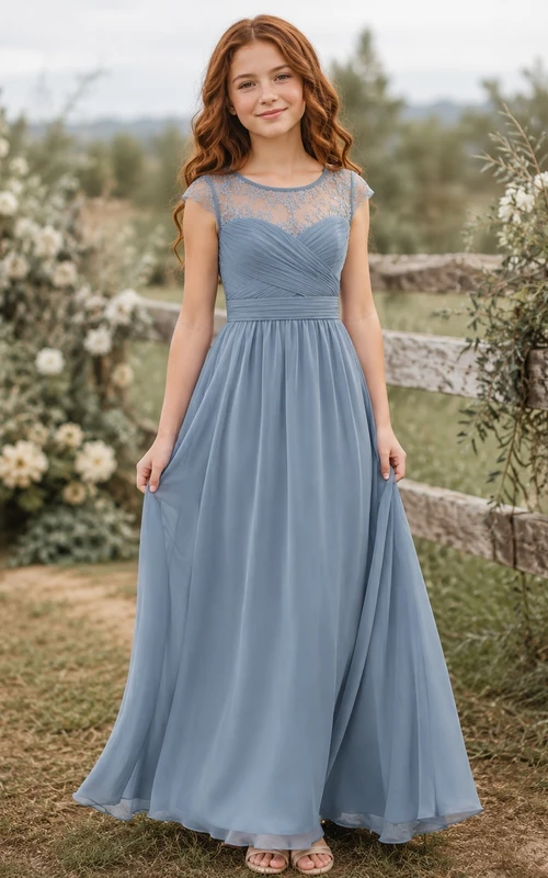 Stahlblaues Brautjungfernkleid im A-Linien-Stil mit Schmucksteinen, kurzen Flügelärmeln und Spitzendetails im Boho-Stil
