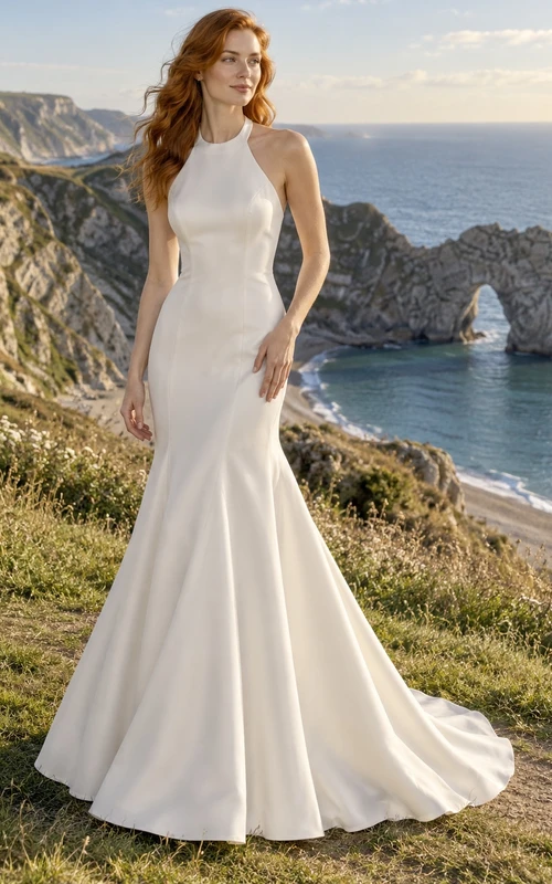 Vestido de novia sencillo de satén estilo duquesa, sin mangas, con escote halter y cola larga.